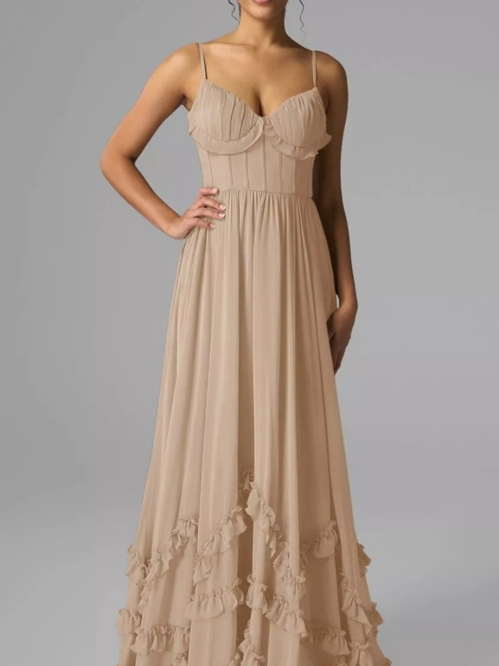 Women’s Ruffle-Trim Maxi Dress in Beige - Size 4 NEW
